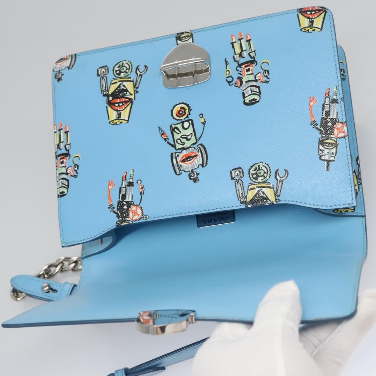 PRADA Chain Shoulder Bag Safiano leather Blue Silver Auth BD270AV