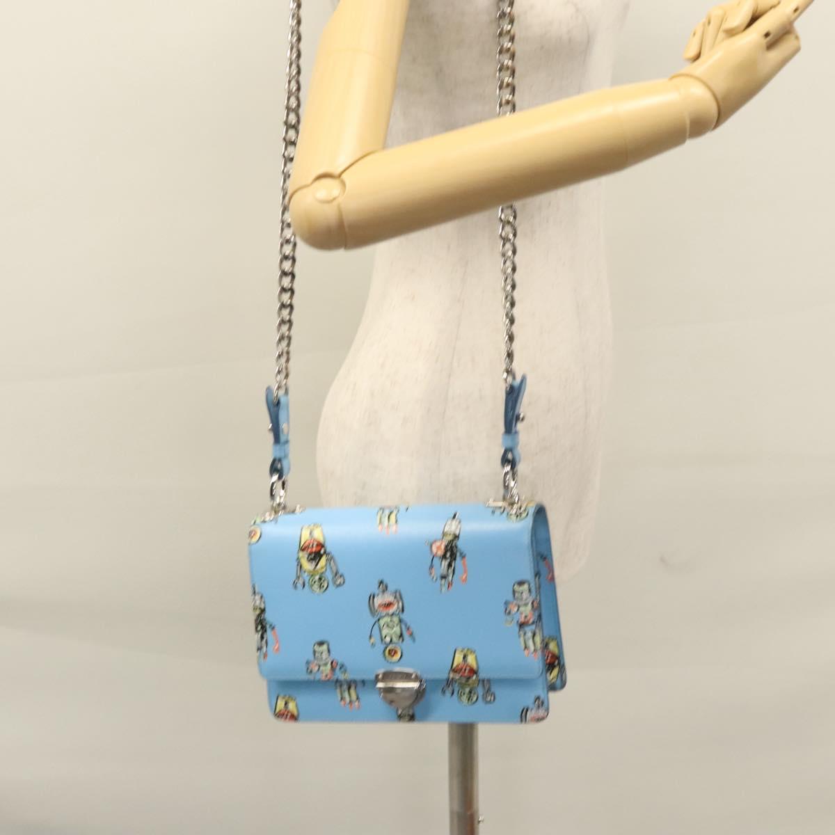 PRADA Chain Shoulder Bag Safiano leather Blue Silver Auth BD270AV