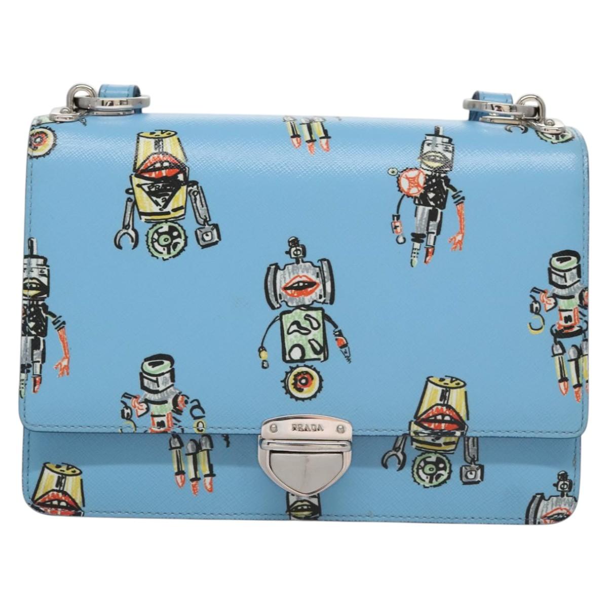 PRADA Chain Shoulder Bag Safiano leather Blue Silver Auth BD270AV