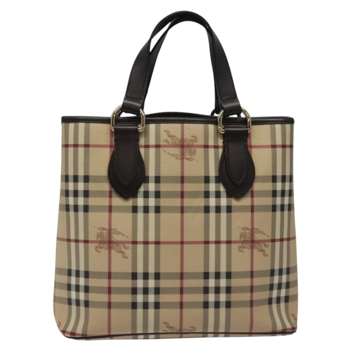 BURBERRY Nova Check Tote Bag PVC Leather Beige Dark Brown gold Auth BD286