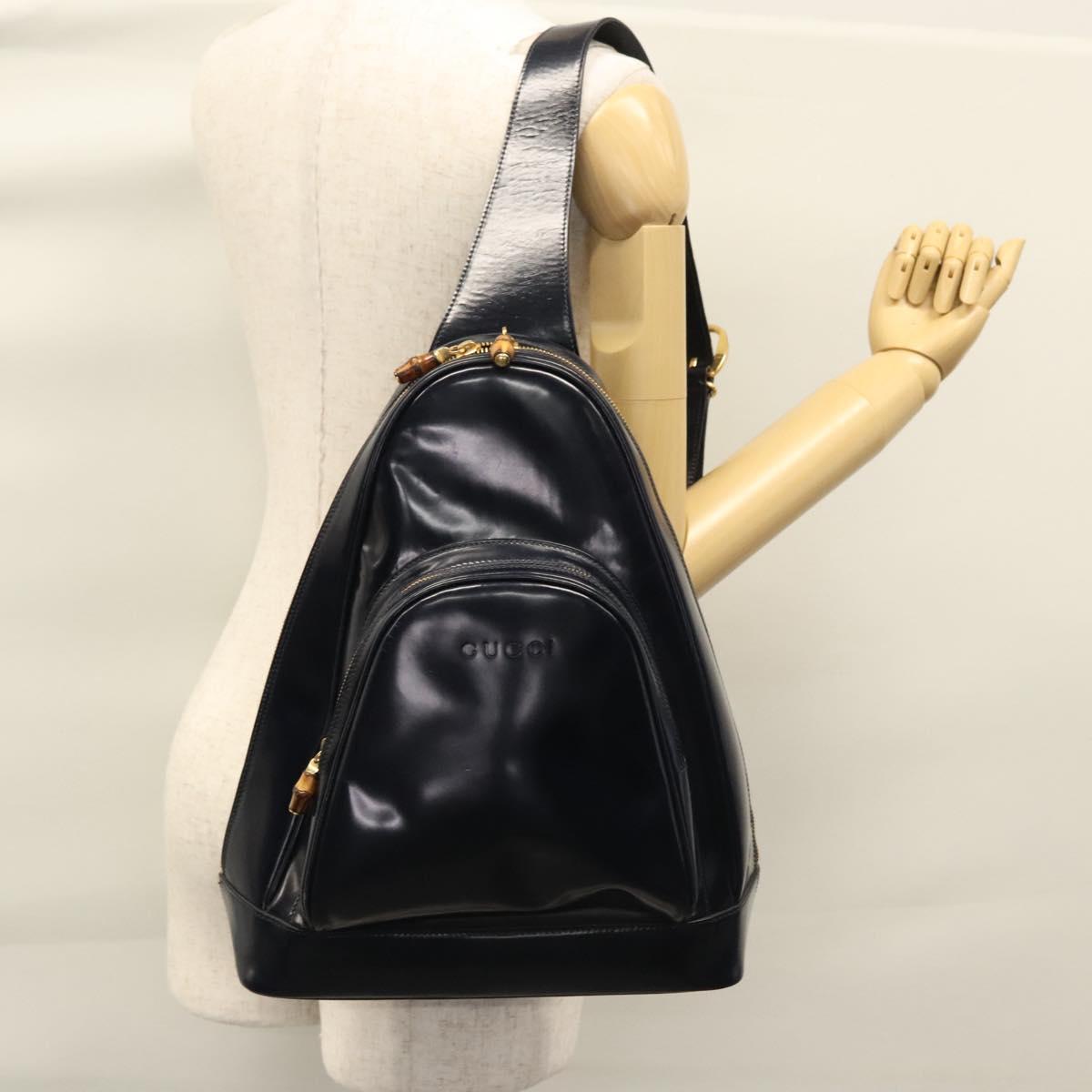 GUCCI Bamboo Body Bag Patent leather Navy Gold Auth BD339