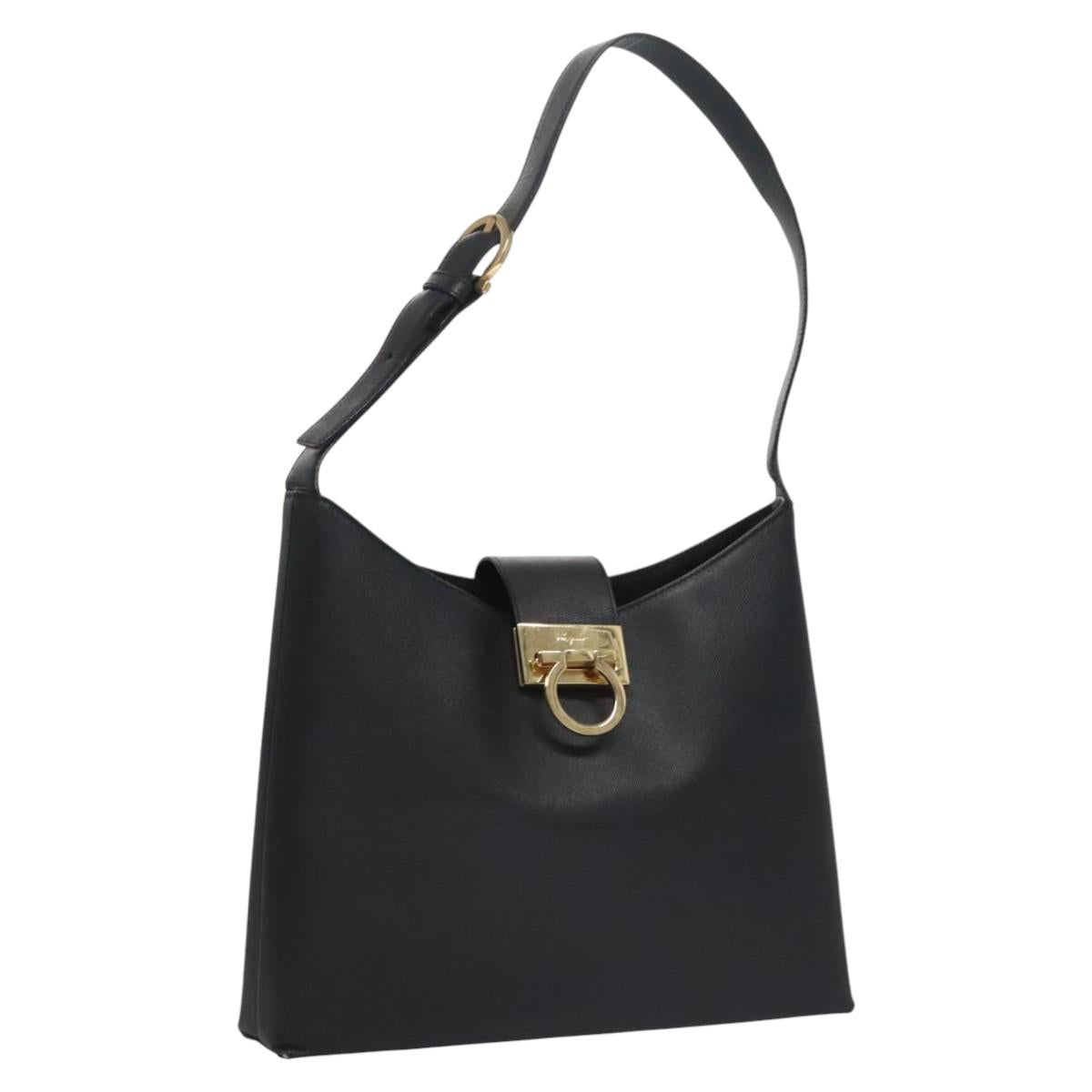 Salvatore Ferragamo Gancini Shoulder Bag Leather Black Auth BD371