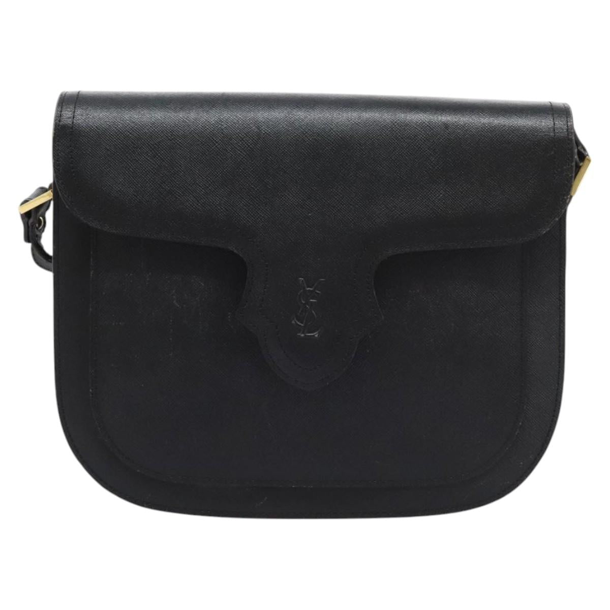 SAINT LAURENT Shoulder Bag Leather Black Gold Auth BD372