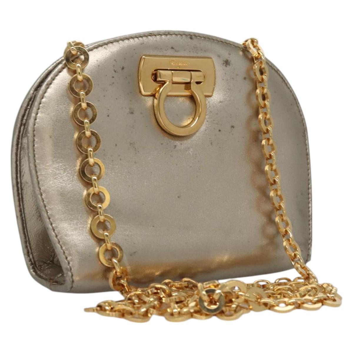 Salvatore Ferragamo Gancini Chain Shoulder Bag Leather Silver Gold Auth BD416