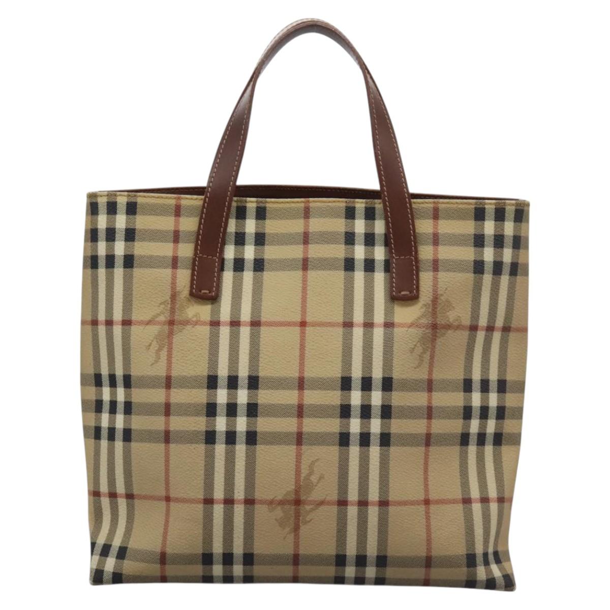 BURBERRY Nova Check Hand Bag PVC Beige Brown gold Auth BD438