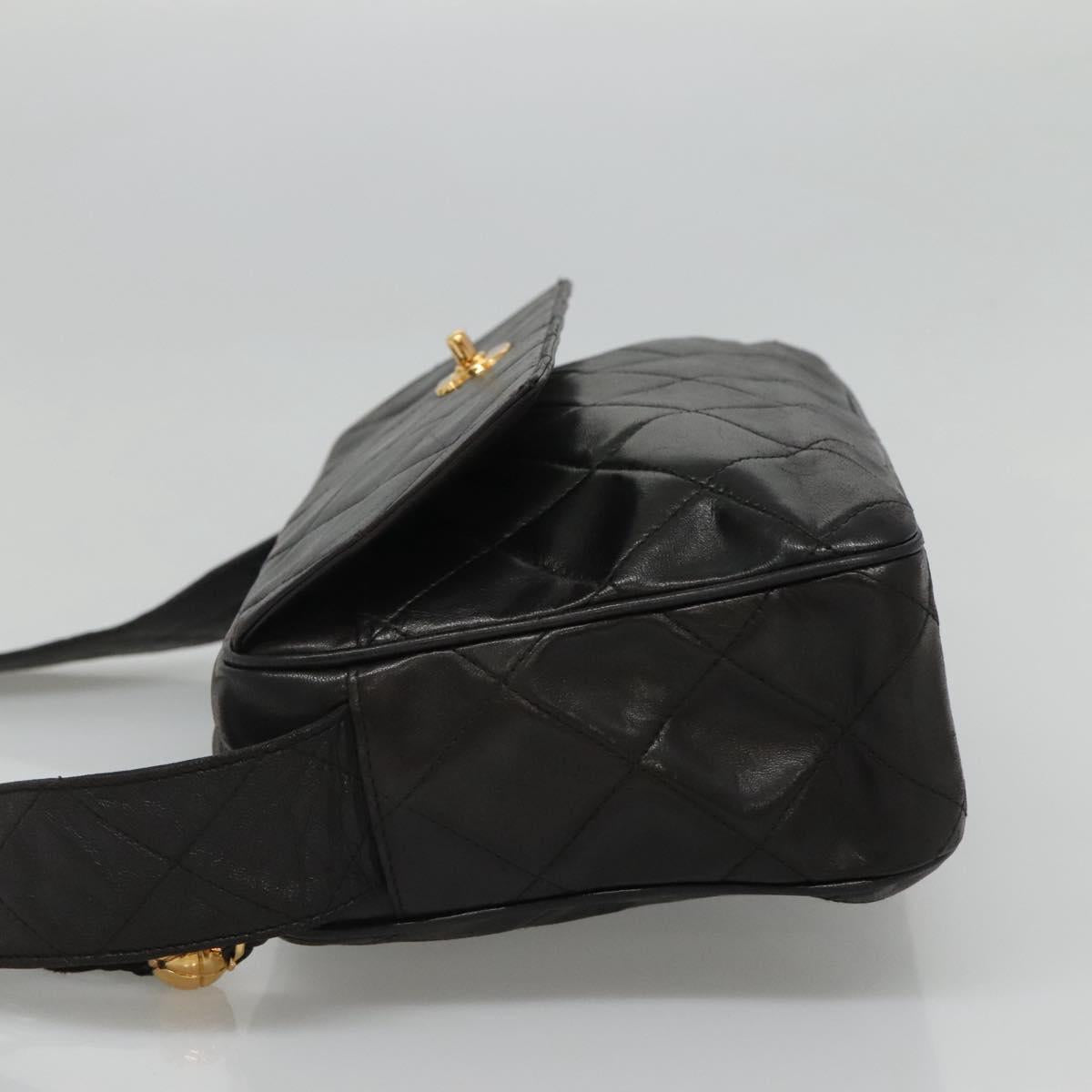 CHANEL Matelasse Tassel Shoulder Bag Lamb Skin Black Gold CC Auth BD484A