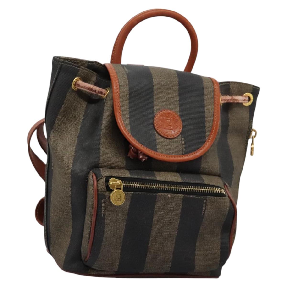 FENDI Pecan Canvas Backpack Brown Black gold Auth BD579