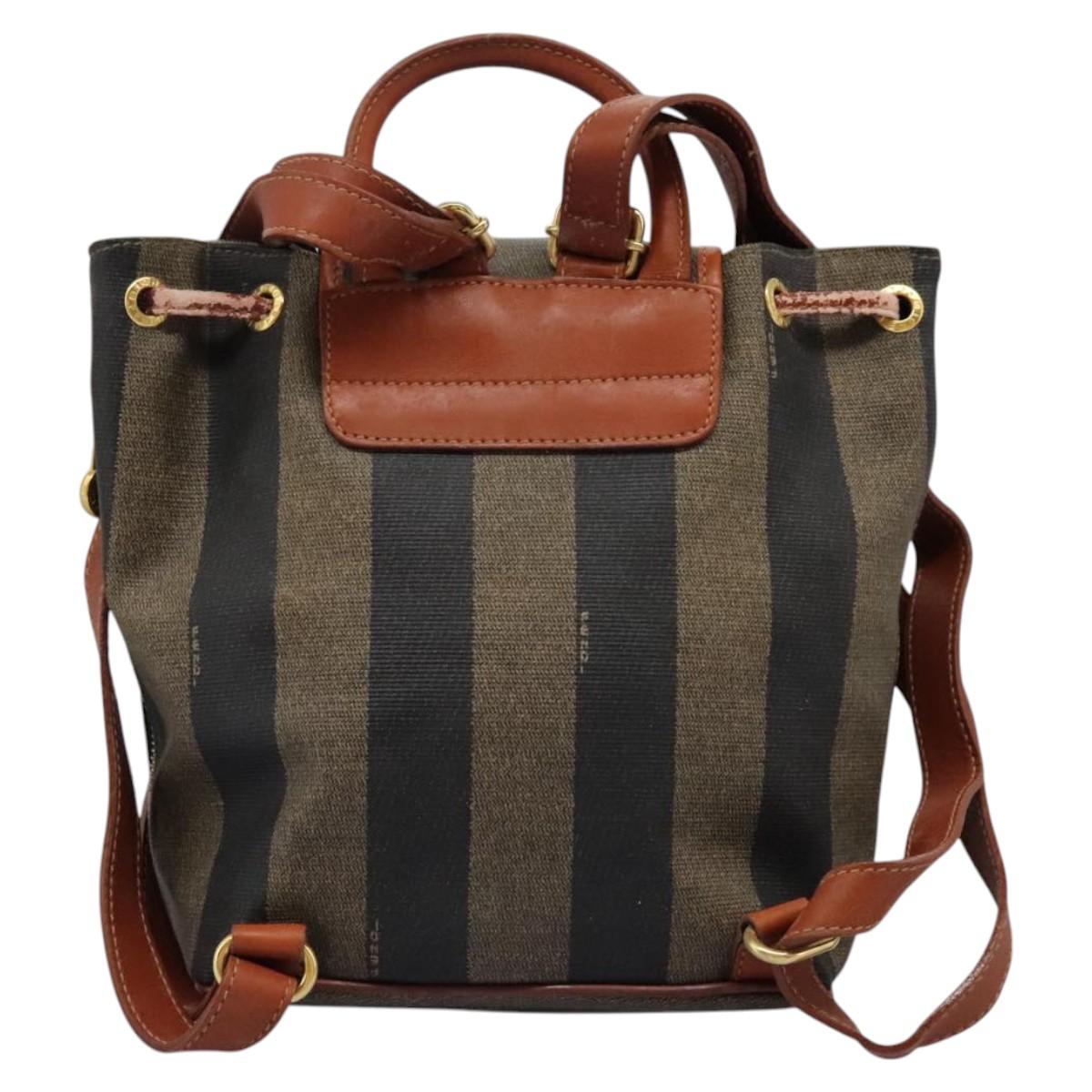 FENDI Pecan Canvas Backpack Brown Black gold Auth BD579