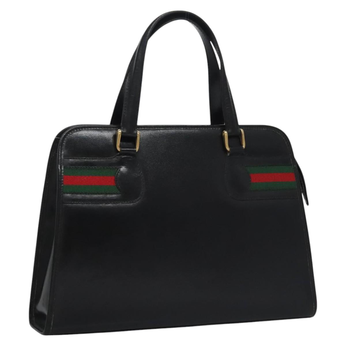 GUCCI Web Sherry Line Hand Bag Leather Black Red Green Auth BD702