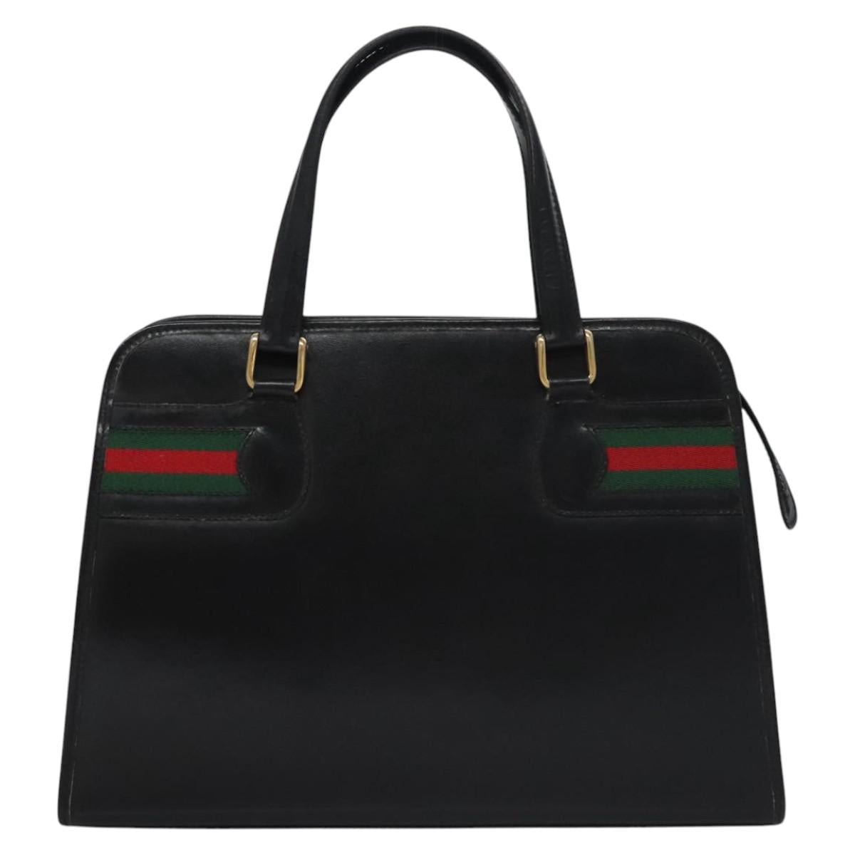 GUCCI Web Sherry Line Hand Bag Leather Black Red Green Auth BD702