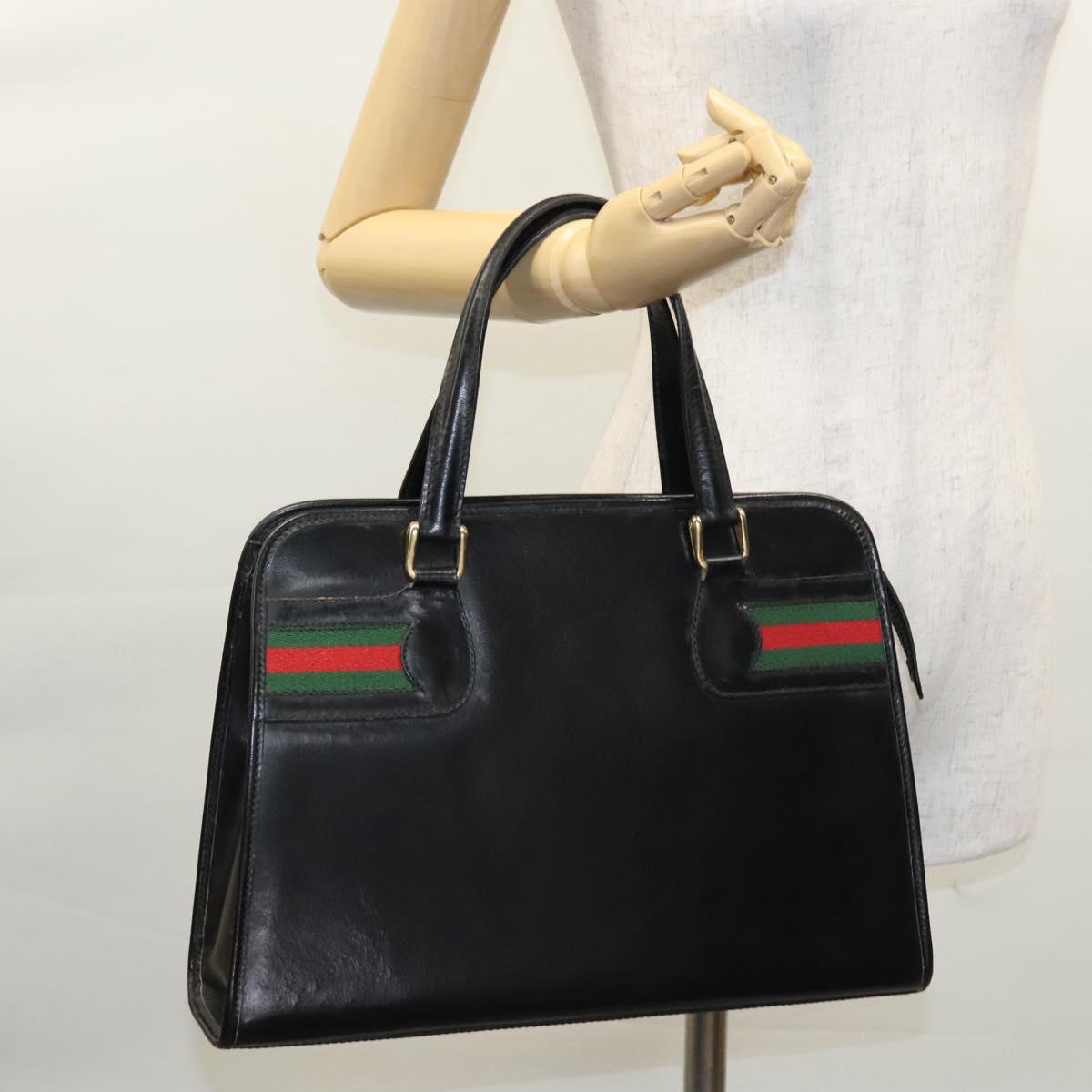 GUCCI Web Sherry Line Hand Bag Leather Black Red Green Auth BD702