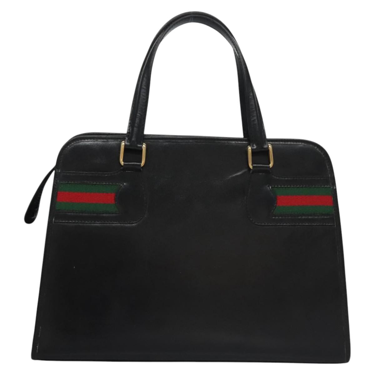 GUCCI Web Sherry Line Hand Bag Leather Black Red Green Auth BD702