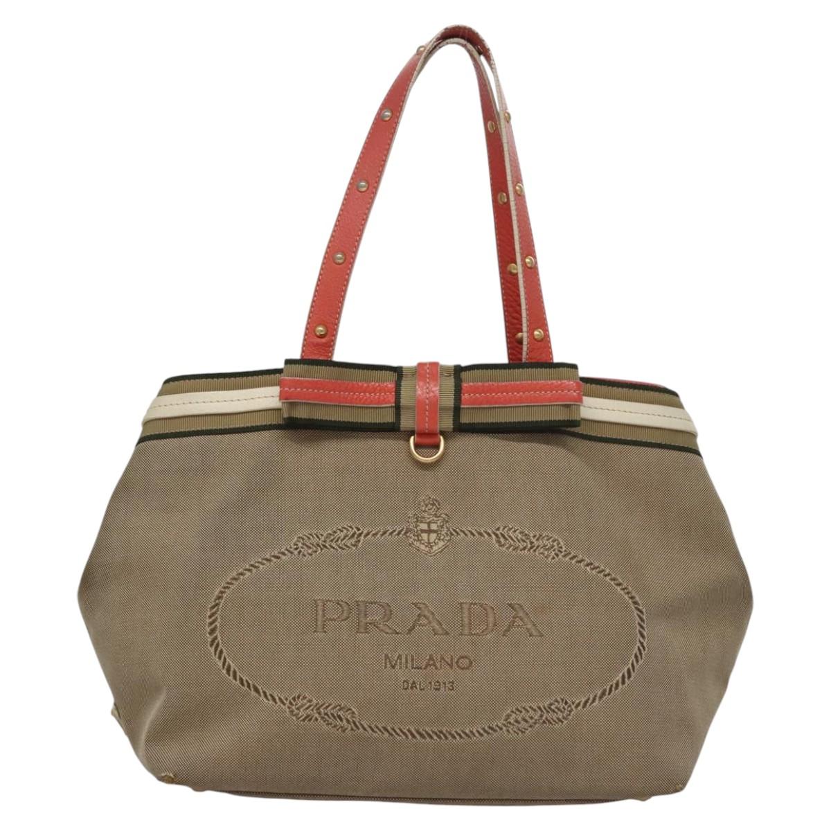 PRADA Tote Bag Canvas Beige Auth BD737