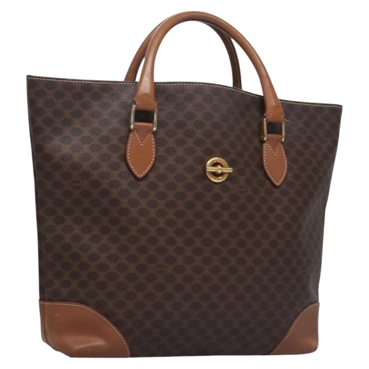 CELINE Macadam Canvas Hand Bag PVC Leather Gold Brown Auth BD816