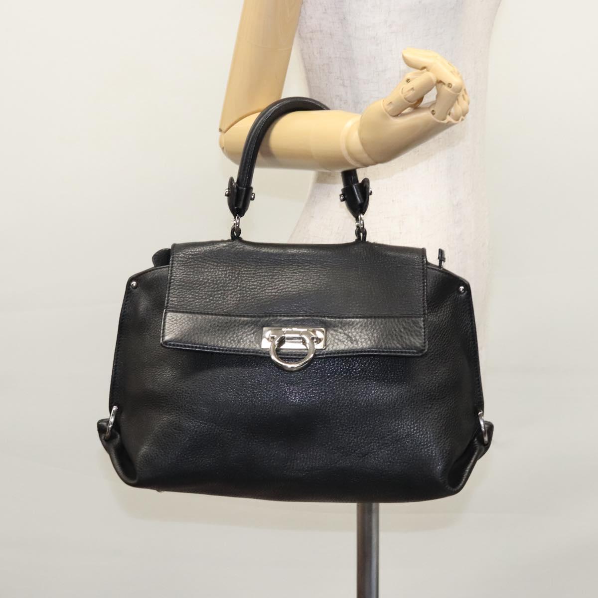 Salvatore Ferragamo Gancini Hand Bag Leather Black Silver Auth BD817