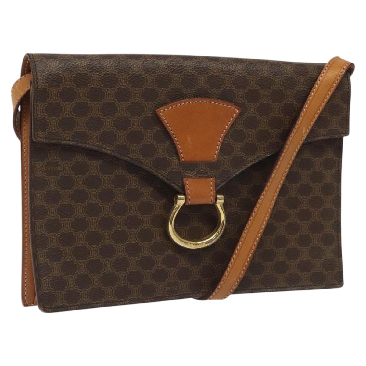 CELINE Macadam Canvas Shoulder Bag PVC Leather Brown Gold Auth BD908