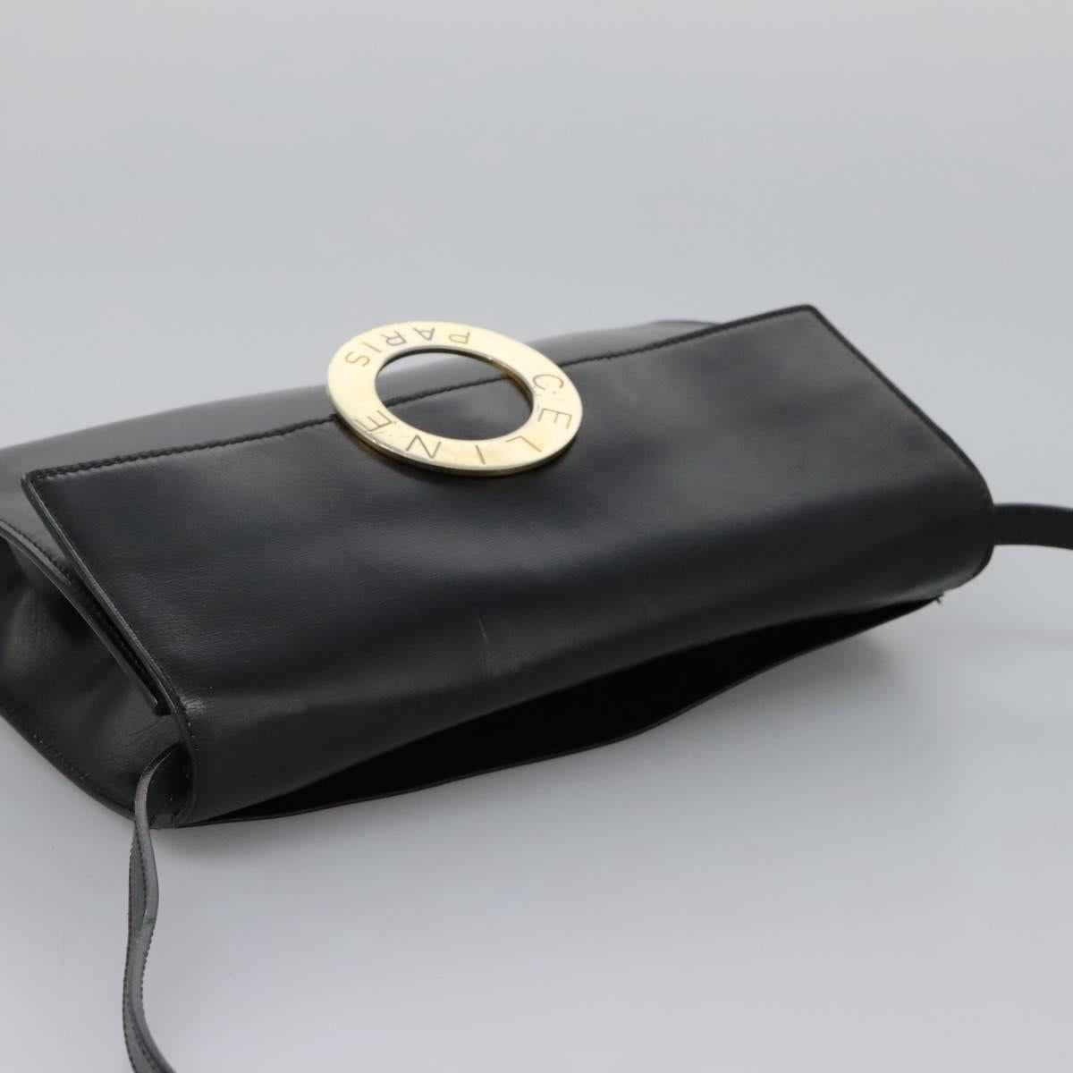 CELINE Circle Shoulder Bag Leather Black Gold Auth BD909