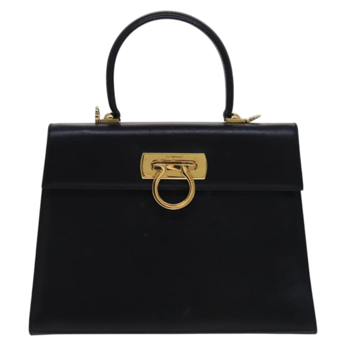 Salvatore Ferragamo Gancini Hand Bag Leather 2way Black Gold Auth BD910