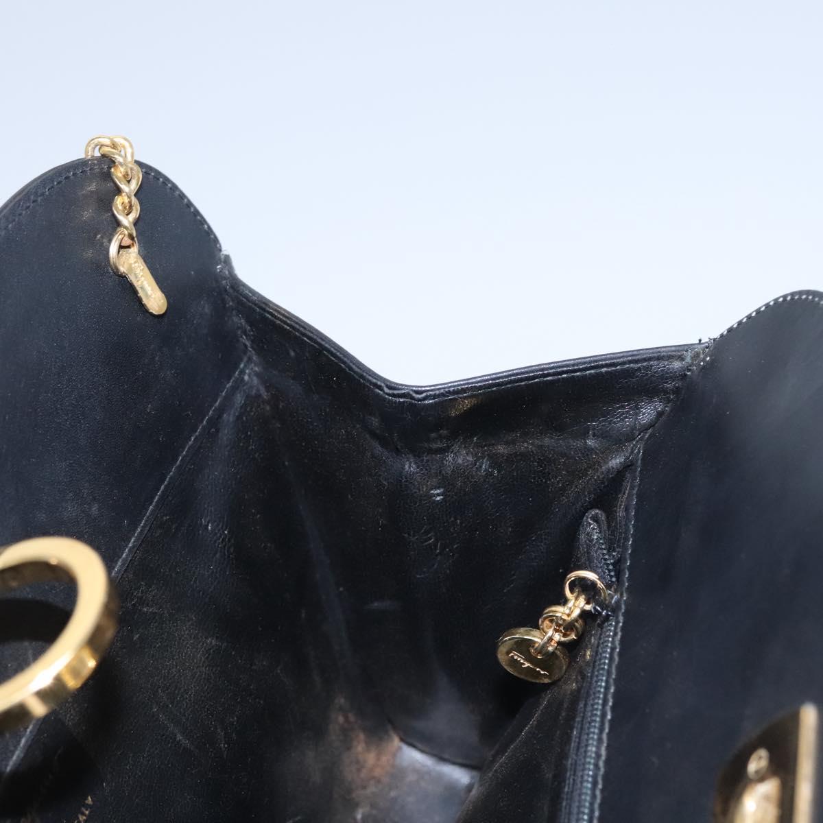 Salvatore Ferragamo Gancini Chain Shoulder Bag Leather Black Gold Auth BD929