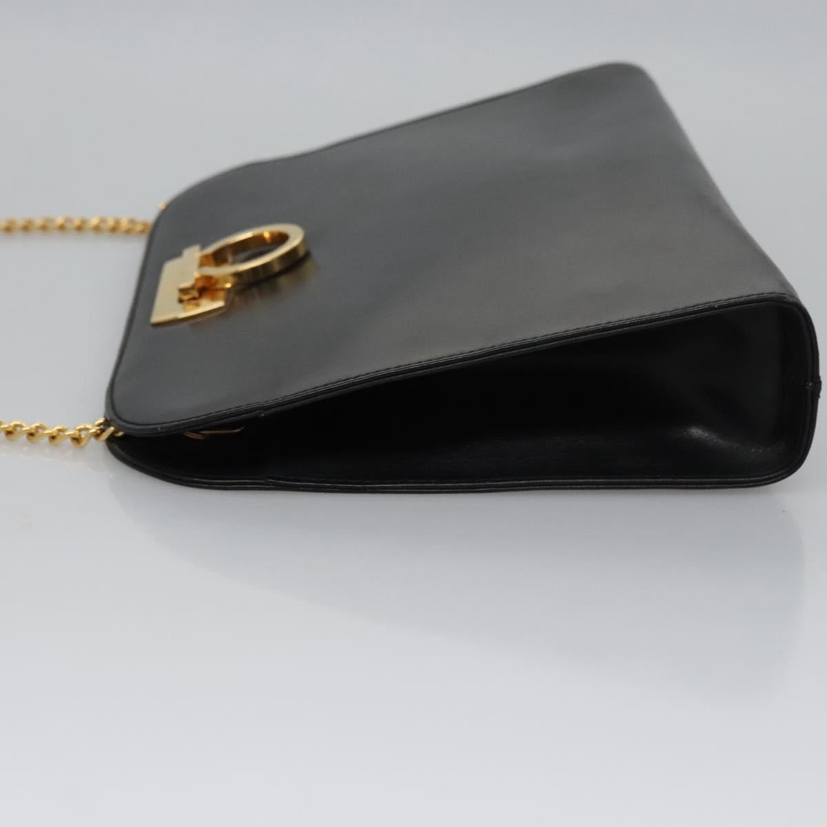 Salvatore Ferragamo Gancini Chain Shoulder Bag Leather Black Gold Auth BD929