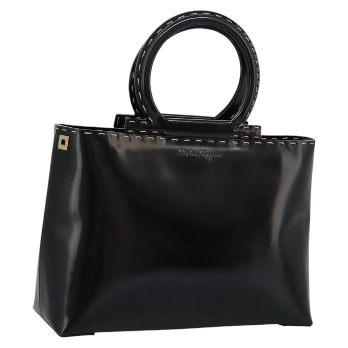 Salvatore Ferragamo Gancini Hand Bag Patent leather 2way Black Auth BD930