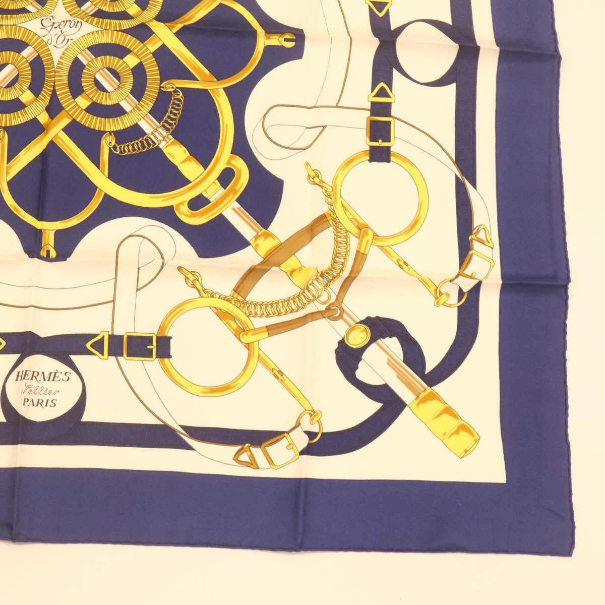 HERMES Carre90 Scarf ""EPERON D'OR"" Silk Blue Auth am373b