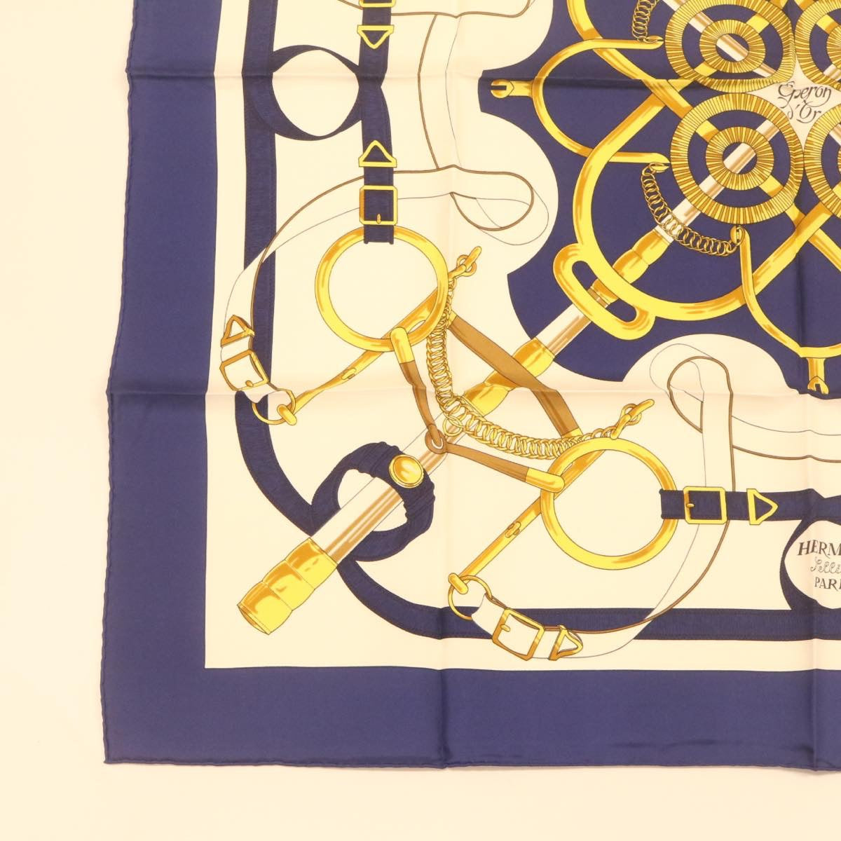 HERMES Carre90 Scarf ""EPERON D'OR"" Silk Blue Auth am373b