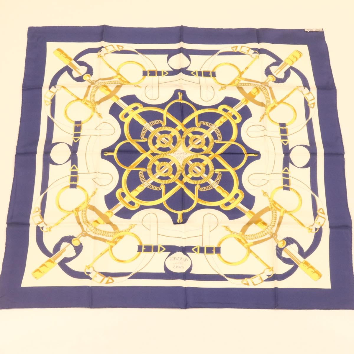 HERMES Carre90 Scarf ""EPERON D'OR"" Silk Blue Auth am373b