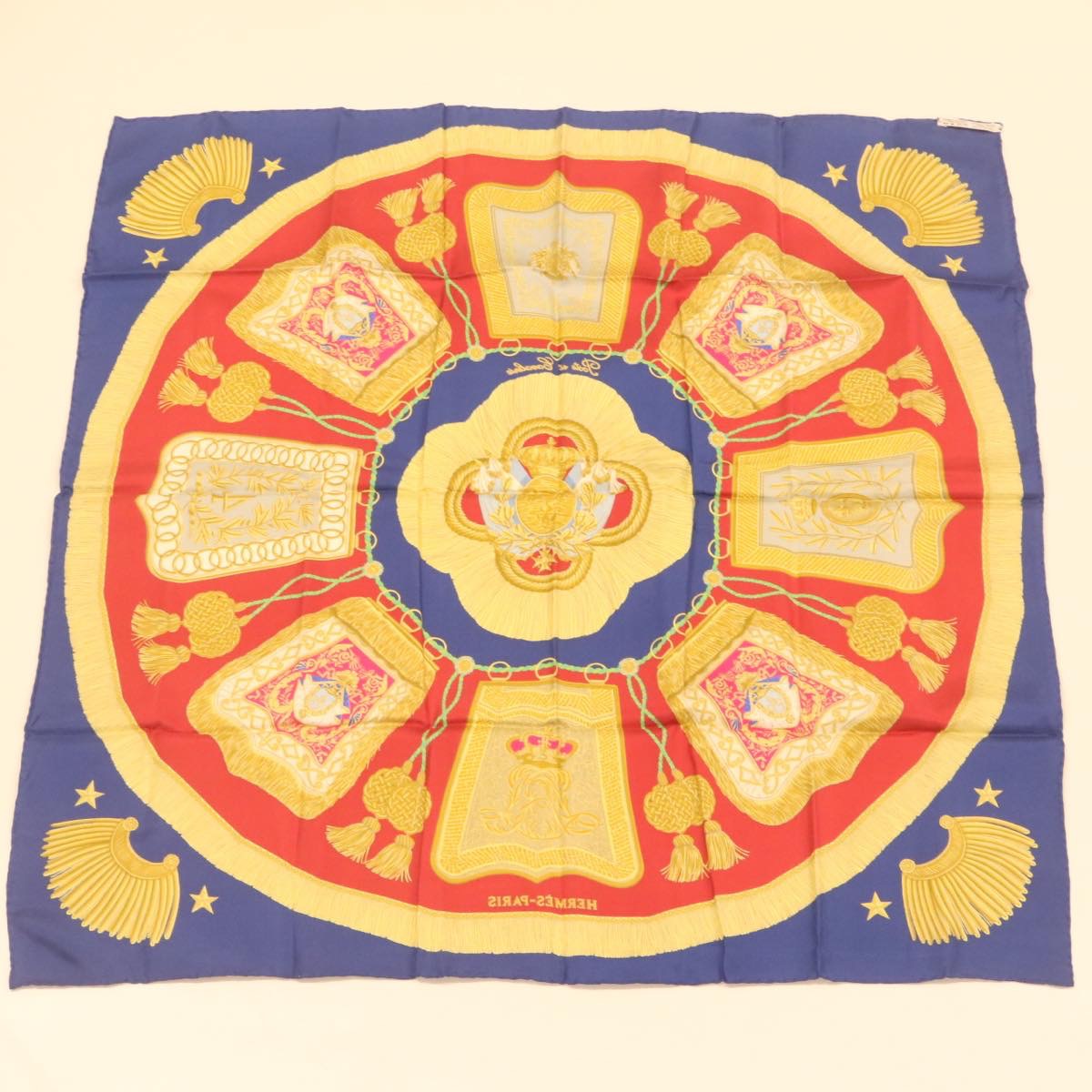 HERMES Carre90 Scarf ""Porte et Cavalerie"" Silk Blue Auth am374b