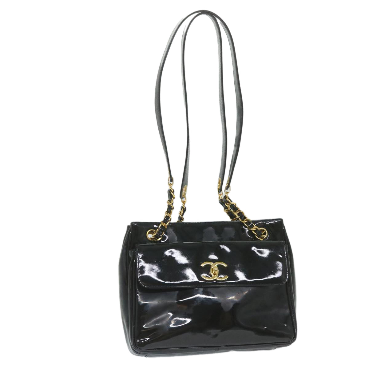 CHANEL Chain Shoulder Bag Patent leather Black CC Auth bs10157