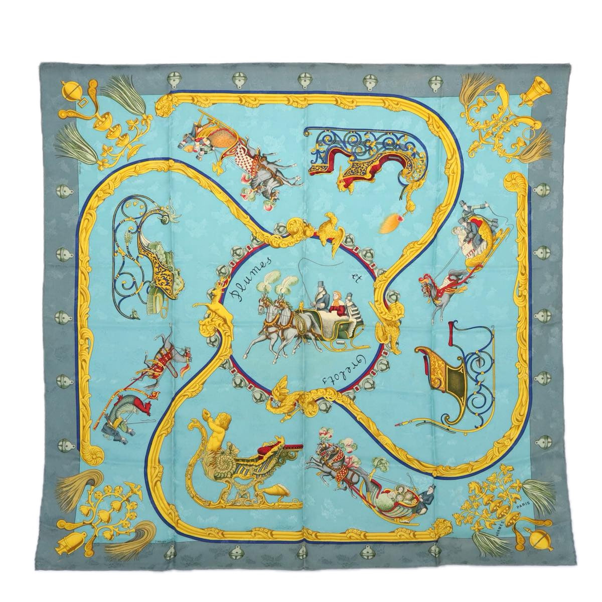 HERMES Carre 90 PLUMES ET GRELOT Scarf Silk Light Blue Auth bs10179