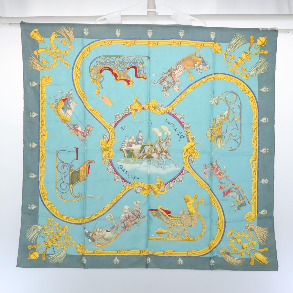 HERMES Carre 90 PLUMES ET GRELOT Scarf Silk Light Blue Auth bs10179