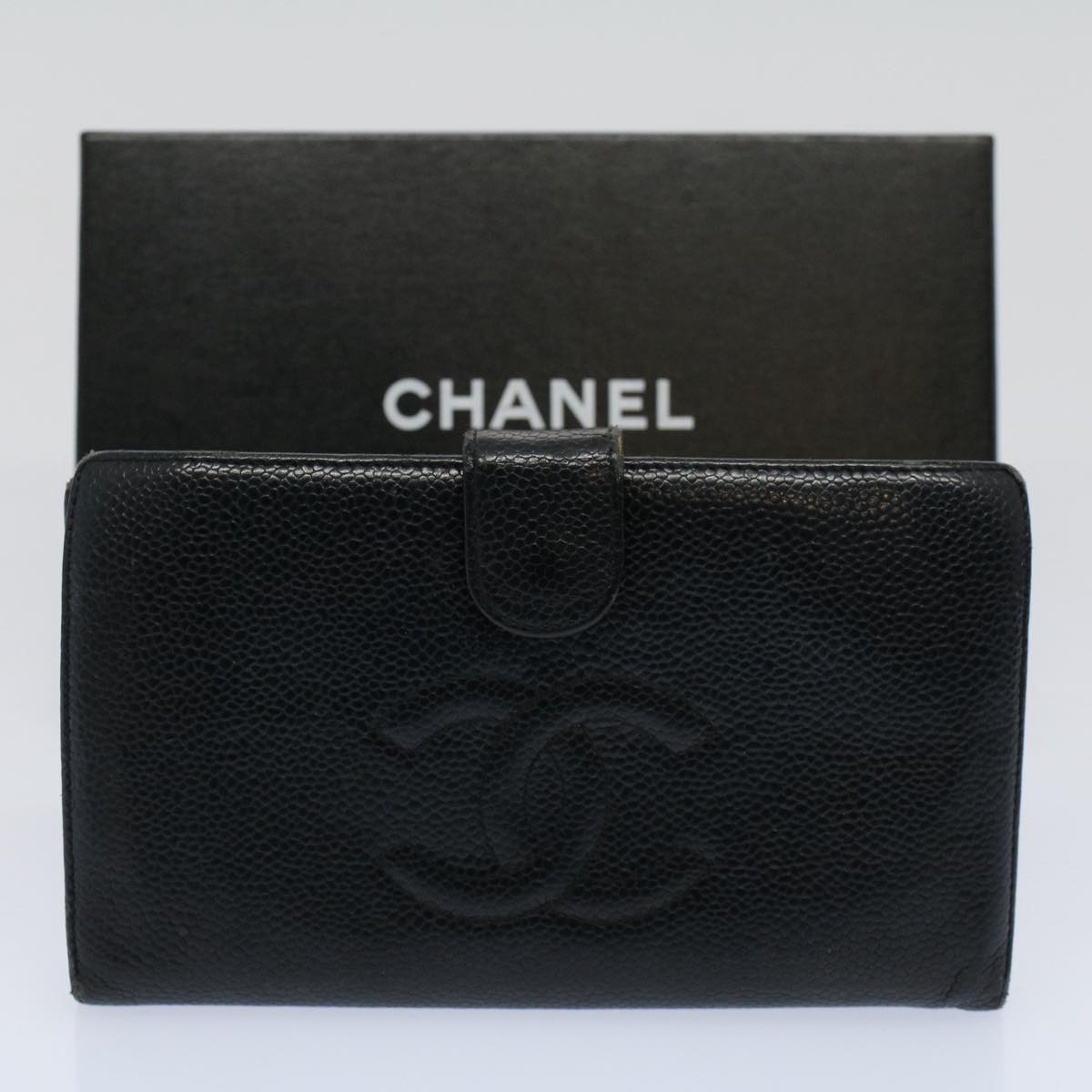 CHANEL Long Wallet Caviar Skin Black CC Auth bs10186