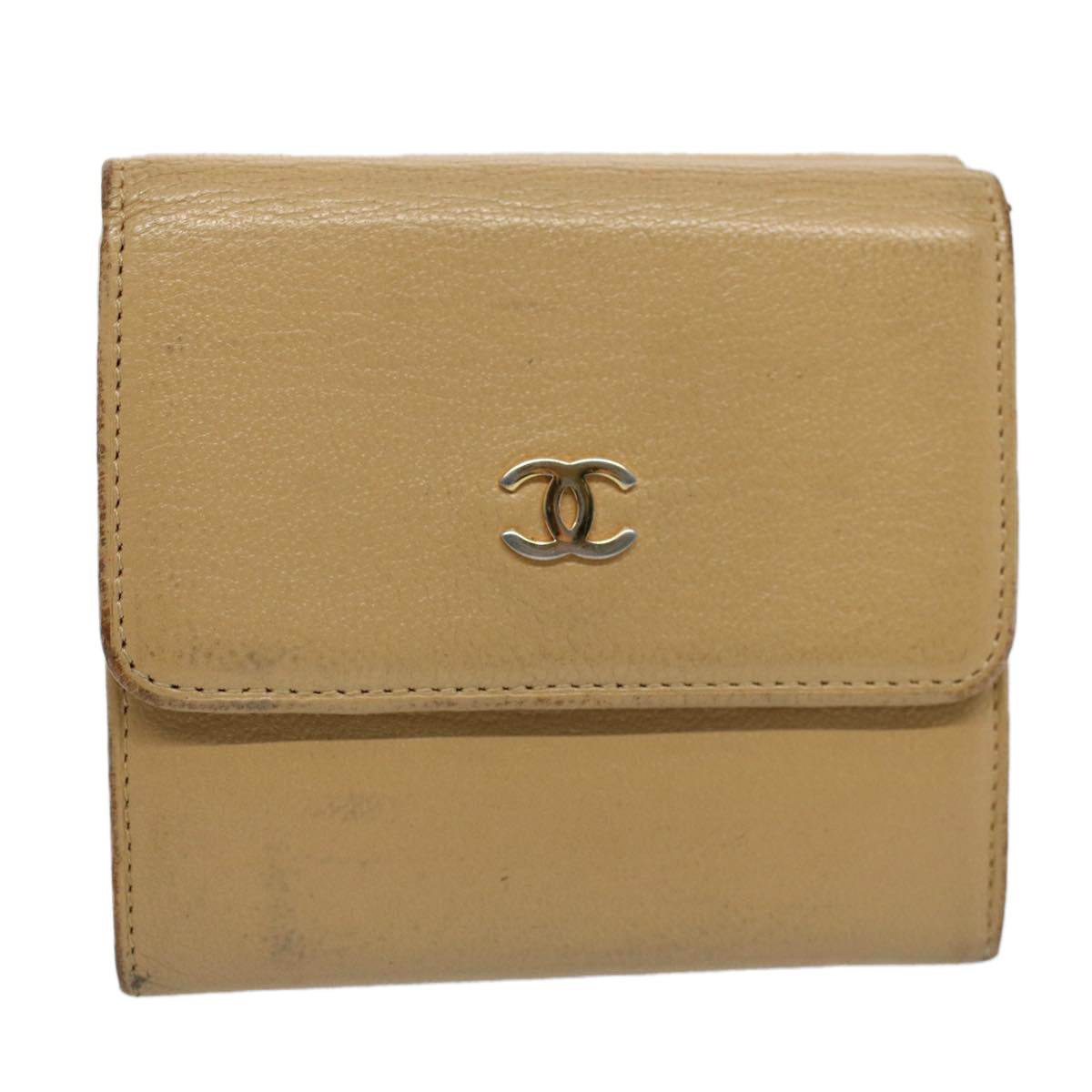 CHANEL Wallet Leather Beige CC Auth bs10213