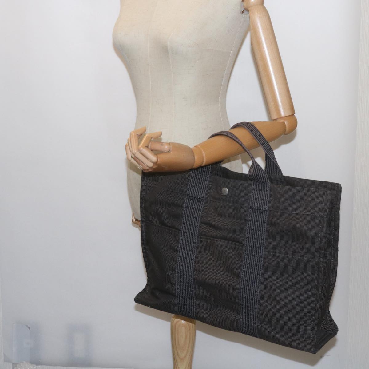 HERMES Her Line Tote Bag Nylon Gray Auth bs10269
