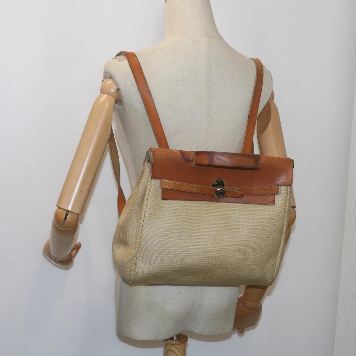 HERMES Her Bag Ad Backpack Coated Canvas Beige Brown Auth bs10291