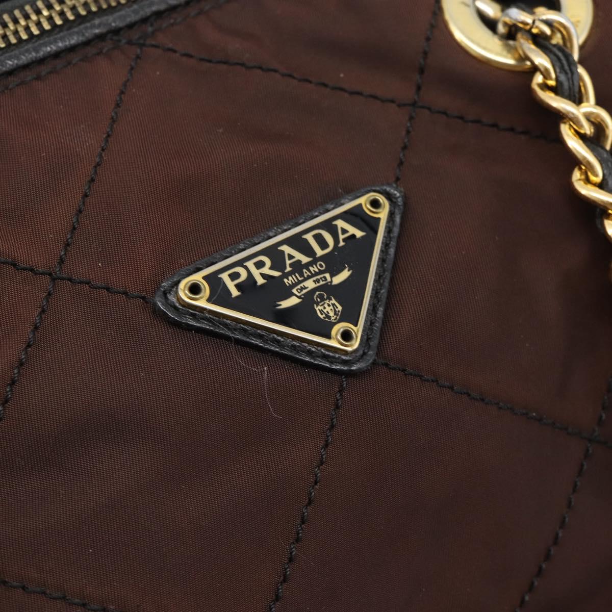 PRADA Chain Boston Bag Nylon Brown Gold Auth bs10311