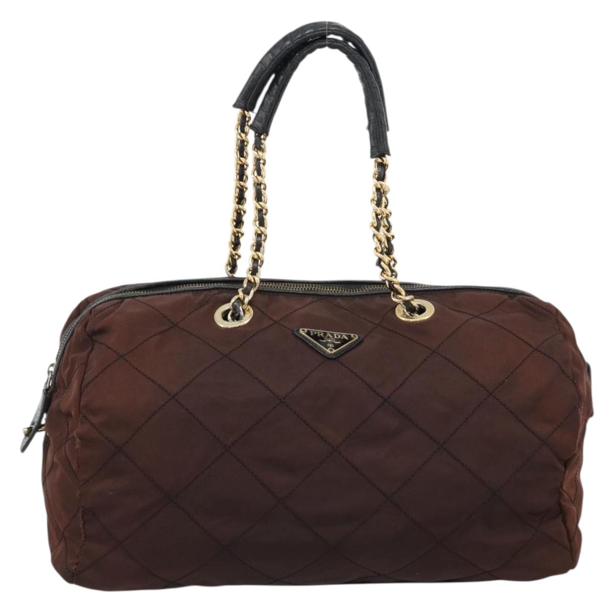 PRADA Chain Boston Bag Nylon Brown Gold Auth bs10311