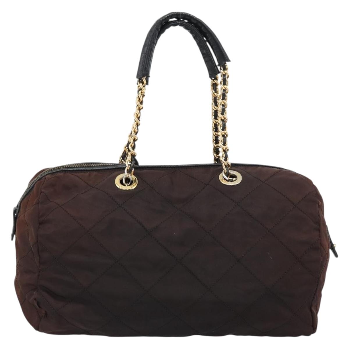 PRADA Chain Boston Bag Nylon Brown Gold Auth bs10311