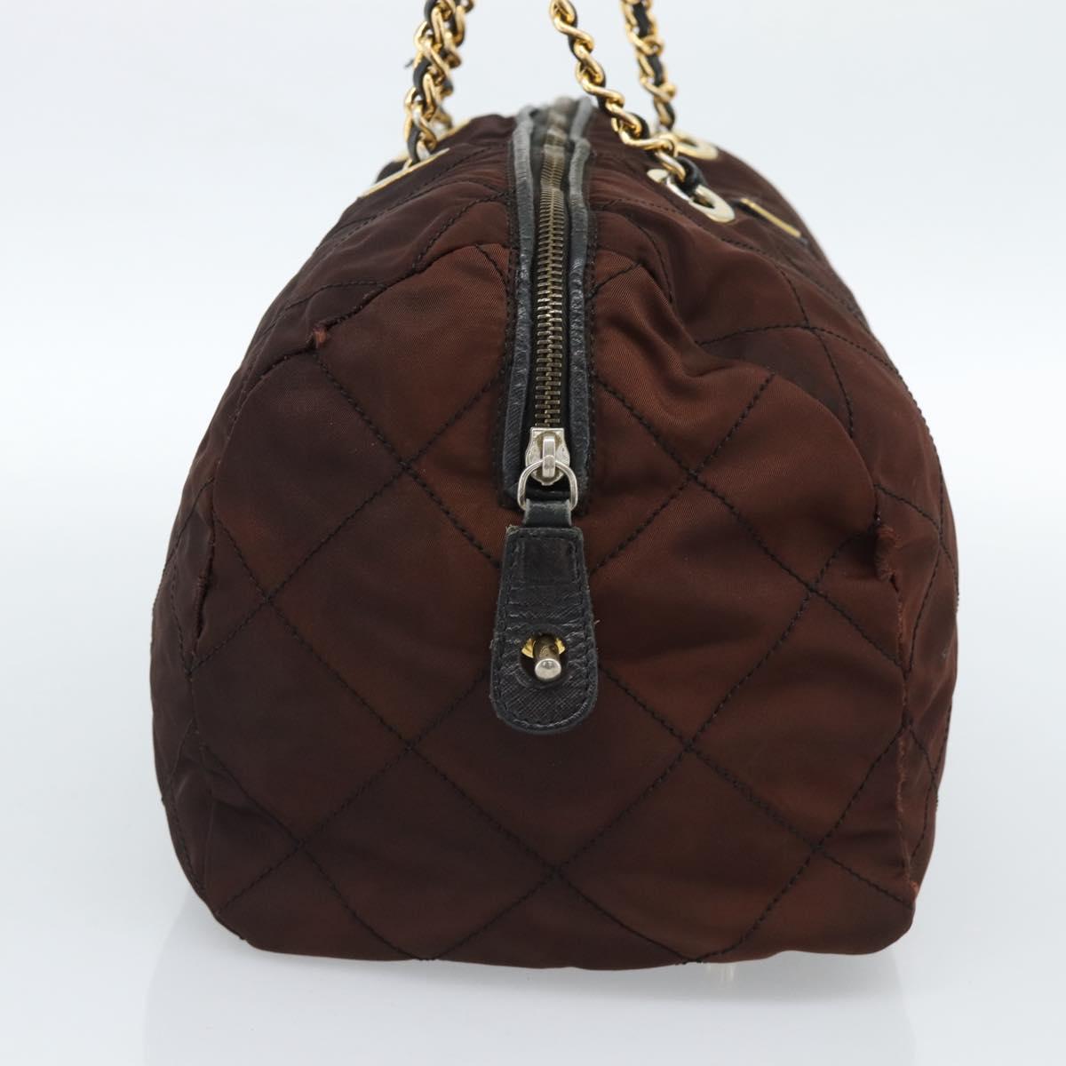 PRADA Chain Boston Bag Nylon Brown Gold Auth bs10311