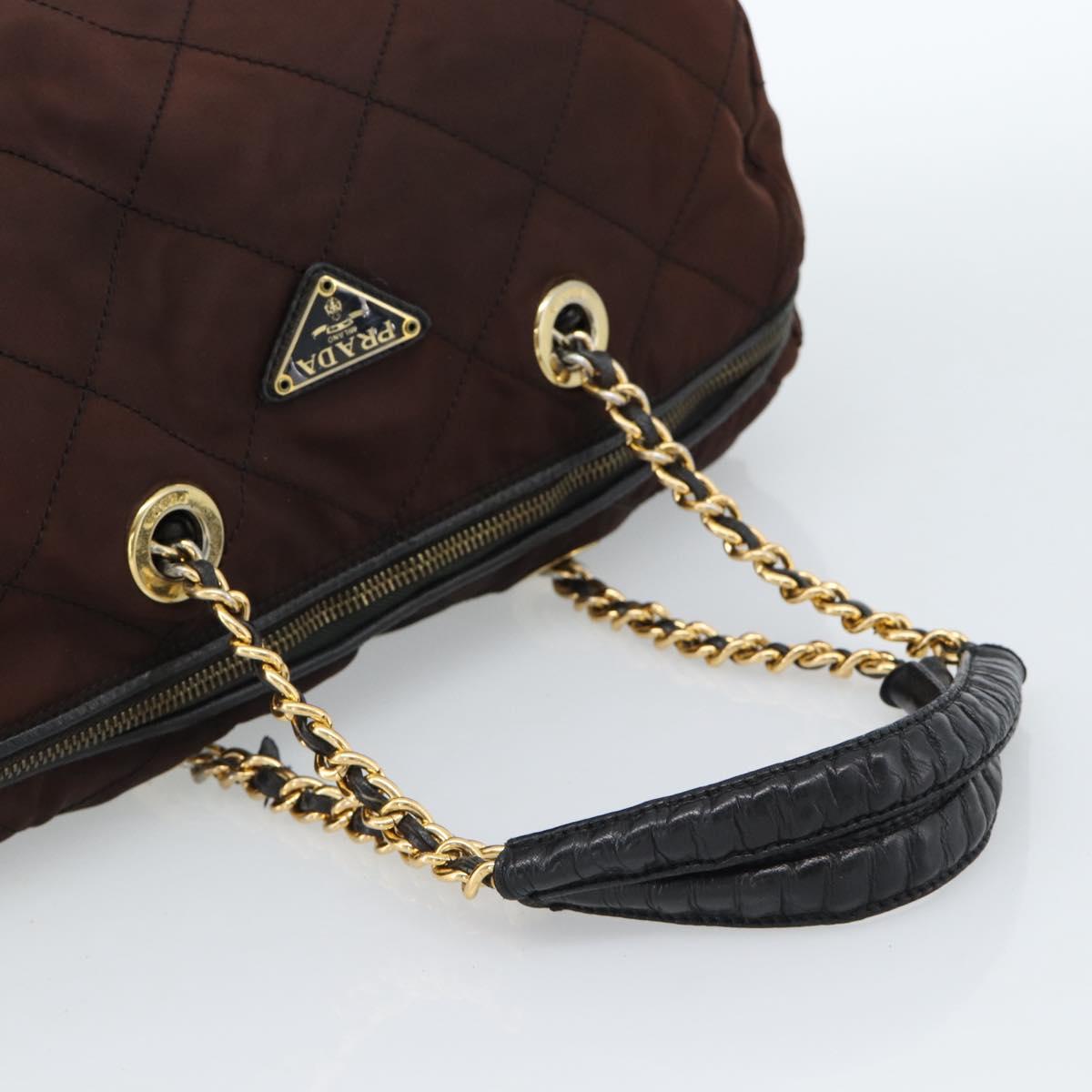 PRADA Chain Boston Bag Nylon Brown Gold Auth bs10311