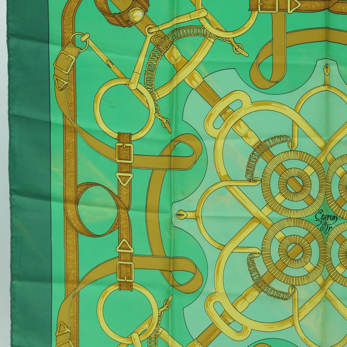 HERMES Carre 90 Eperon d'or Scarf Silk Green Auth bs10407