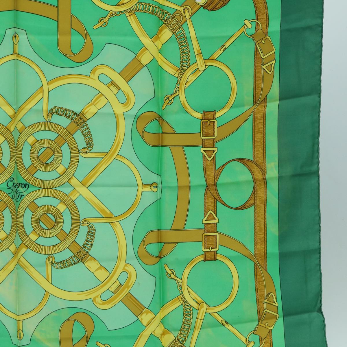 HERMES Carre 90 Eperon d'or Scarf Silk Green Auth bs10407