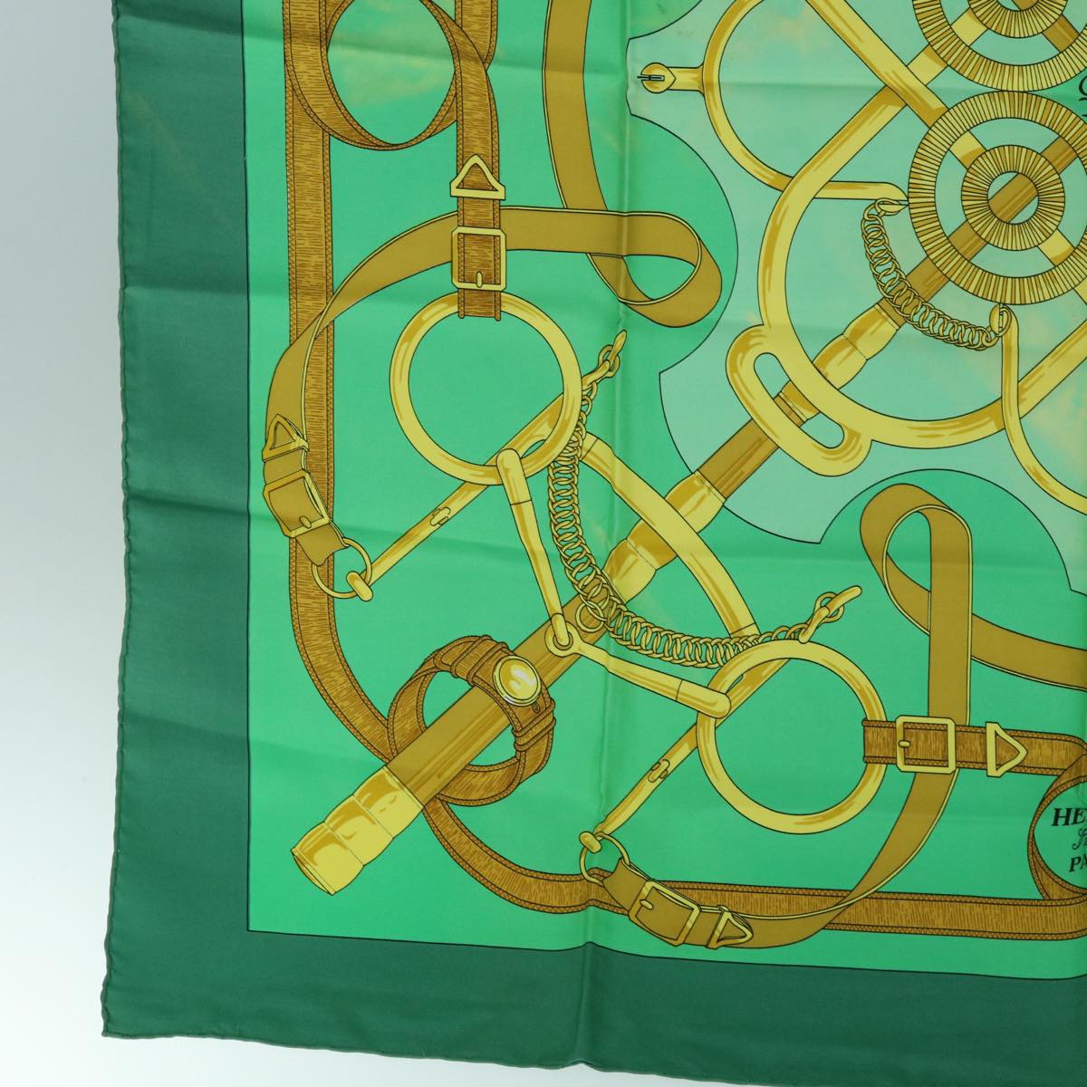 HERMES Carre 90 Eperon d'or Scarf Silk Green Auth bs10407