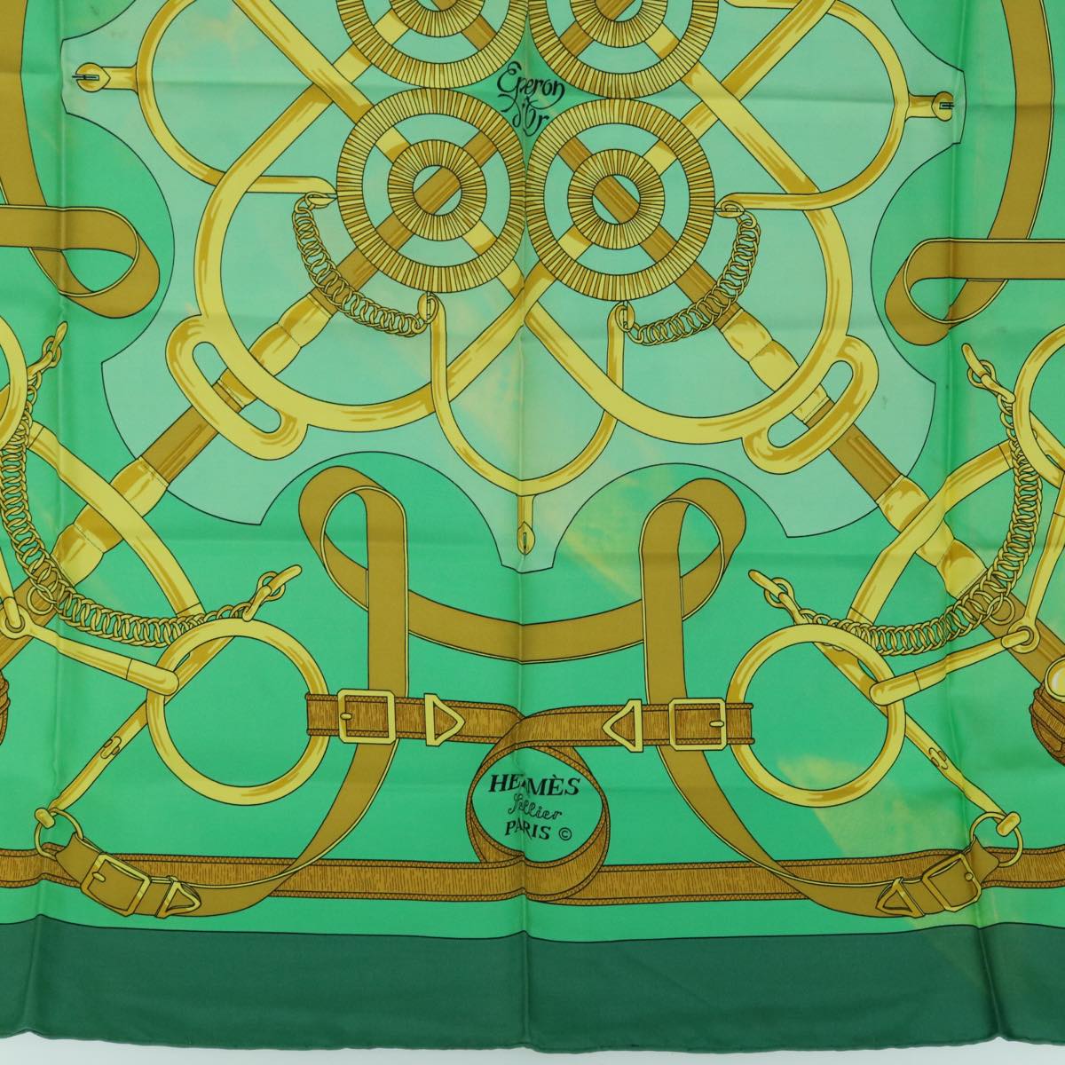 HERMES Carre 90 Eperon d'or Scarf Silk Green Auth bs10407