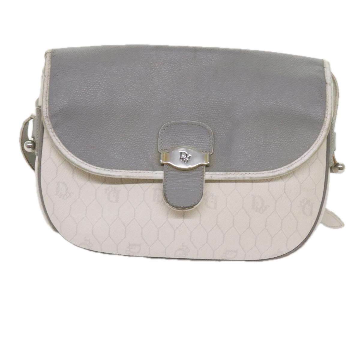 Christian Dior Honeycomb Canvas Shoulder Bag PVC Leather White Auth bs10410