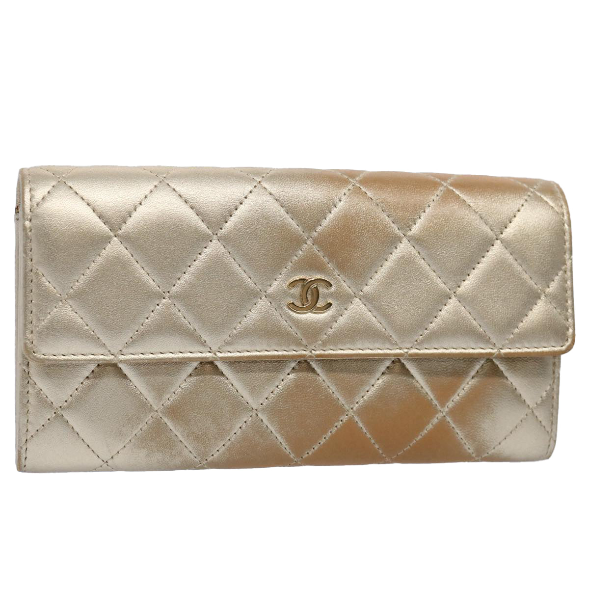 CHANEL Long Wallet Lamb Skin Gold Tone CC Auth bs10438