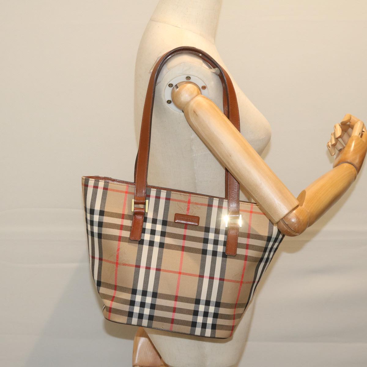 BURBERRY Nova Check Tote Bag Nylon Beige Auth bs10478