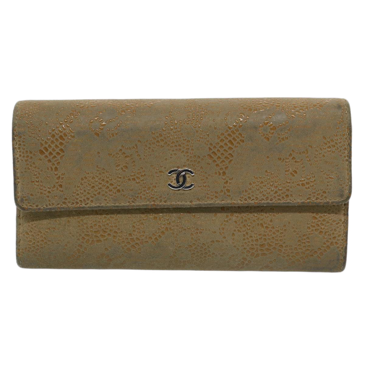 CHANEL Long Wallet Suede Beige CC Auth bs10744