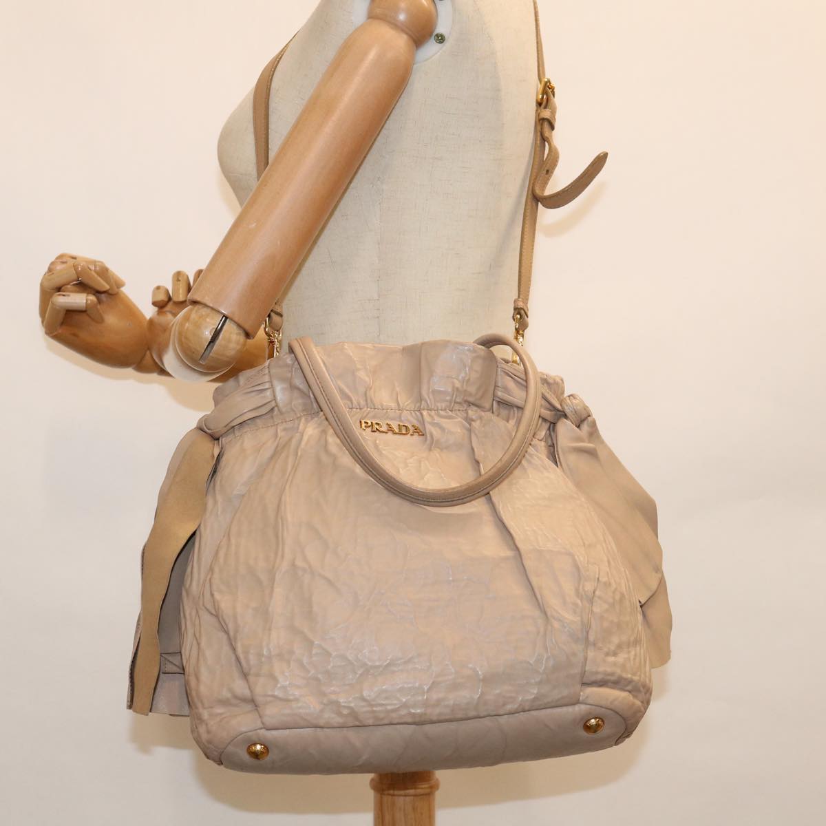 PRADA Hand Bag Leather 2way Beige Auth bs10932